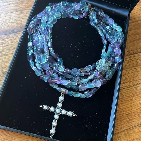 Sterling amethyst semi precious stone choker necklace w/silver & pearl cross